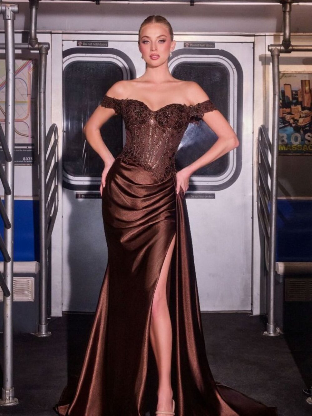 New Espresso Elegant Long Off The Shoulder Formal Dress w/ Mermaid Cut CD803